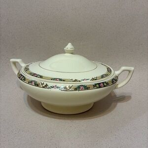 Mid Century Ivory Covered Soup Tureen with Floral and Gold Trim